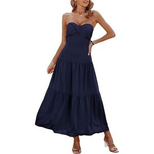 ECOWISH Women's Summer Strapless Maxi Dress Off Shoulder A Line Tube Tiered Sz M